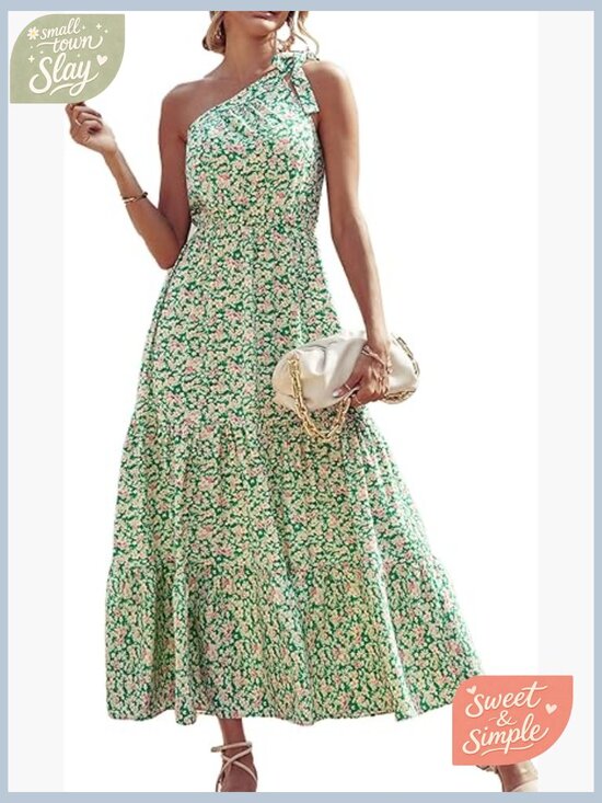 Dresses & Skirts - One Shoulder Maxi Dress Floral Tiered Boho Ruffled Swing Sun Dress